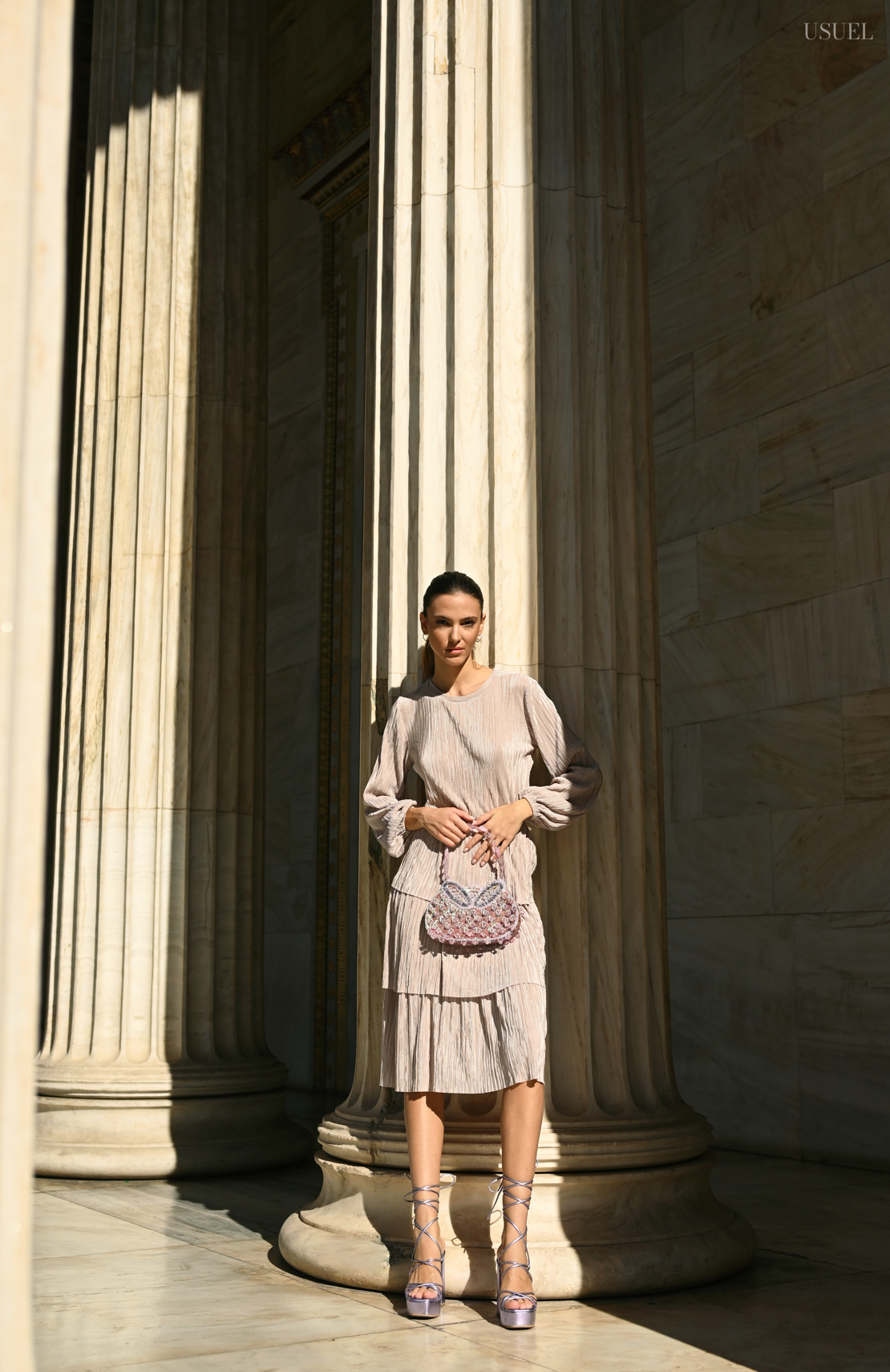 Female model photographed by Marios Kornarakis at the Athens Academy